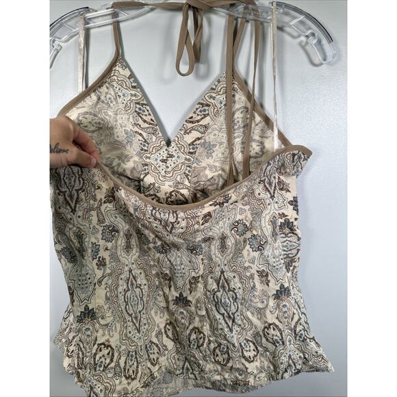 Y2K Lane Bryan Floral Halter Top SZ 18 Paisley‎ Embellished Gems Tan Teal Linen - Picture 4 of 11